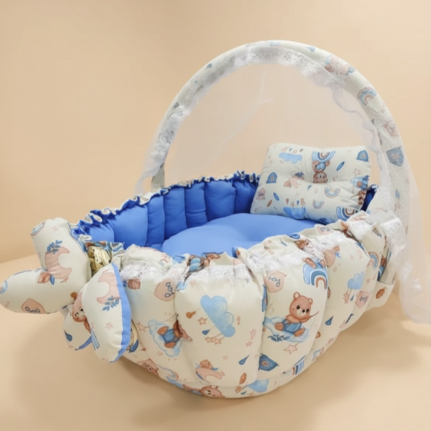بيبي نيست بيضاوي براون بلو - Oval Baby Nest - Brown & Blue Hugs | Luly Baby - بيبي نيست آمن ومريح لنوم ولعب الرضيع