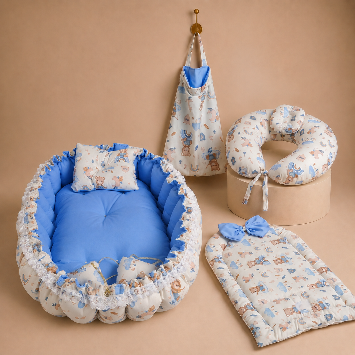 باندل بني وأزرق بيضاوي - Oval Brown & Blue Bundle | Luly Baby - طقم عناية متكامل لغرفة الطفل من Luly Baby