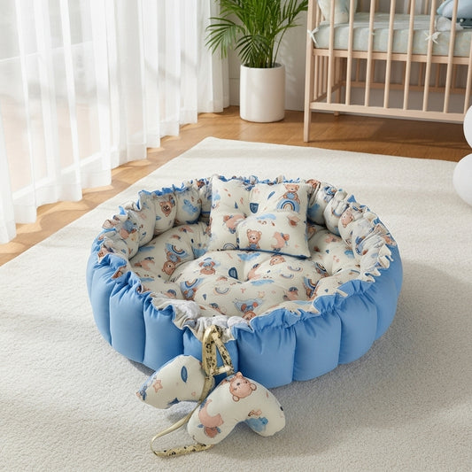 بيبي نيست - بني وأزرق - Circular Baby Nest – Brown & Blue Hugs | Luly Baby - بيبي نيست آمن ومريح لنوم ولعب الرضيع