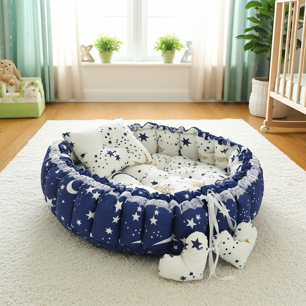 بيبي نيست - أزرق داكن - Circular Baby Nest - Navy | Luly Baby - بيبي نيست آمن ومريح لنوم ولعب الرضيع