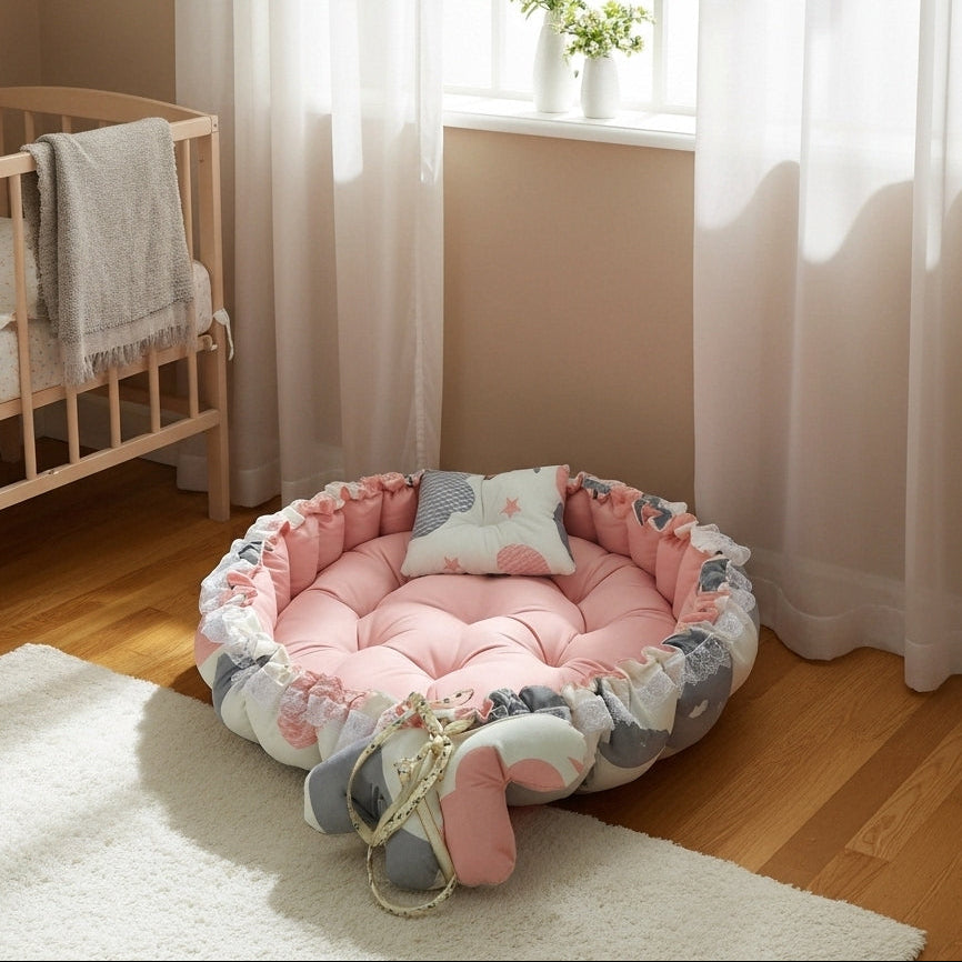 بيبي نيست – سحابة وردية - Circular Baby Nest – Rose Cloud | Luly Baby - بيبي نيست آمن ومريح لنوم ولعب الرضيع