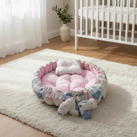 بيبي نيست - نجوم وردية - Circular Baby Nest - Pink Stars | Luly Baby - بيبي نيست آمن ومريح لنوم ولعب الرضيع