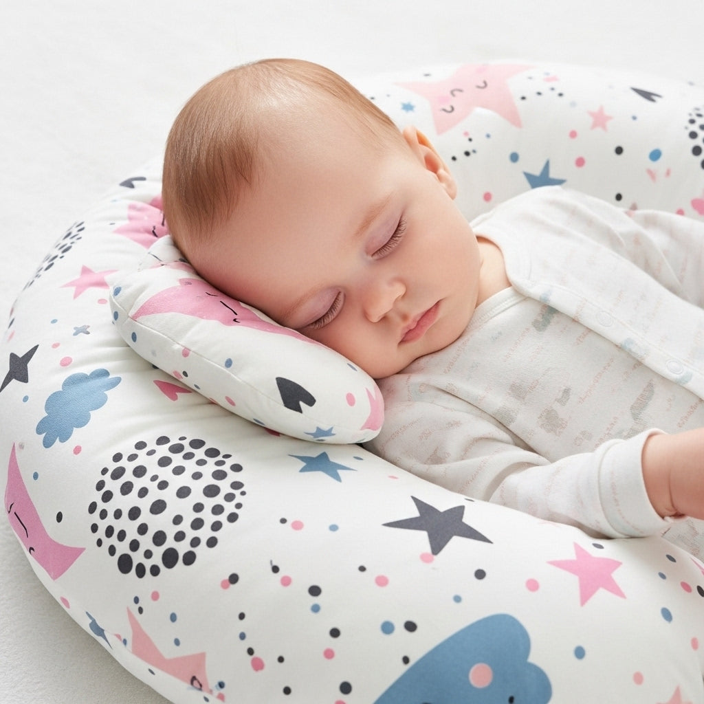 وسادة الرضاعة – نجوم وردية وزرقاء - Nursing Pillow – Pink Stars | Luly Baby - وسادة رضاعة مريحة تدعم وضعية صحية للأم والطفل أثناء الرضاعة
